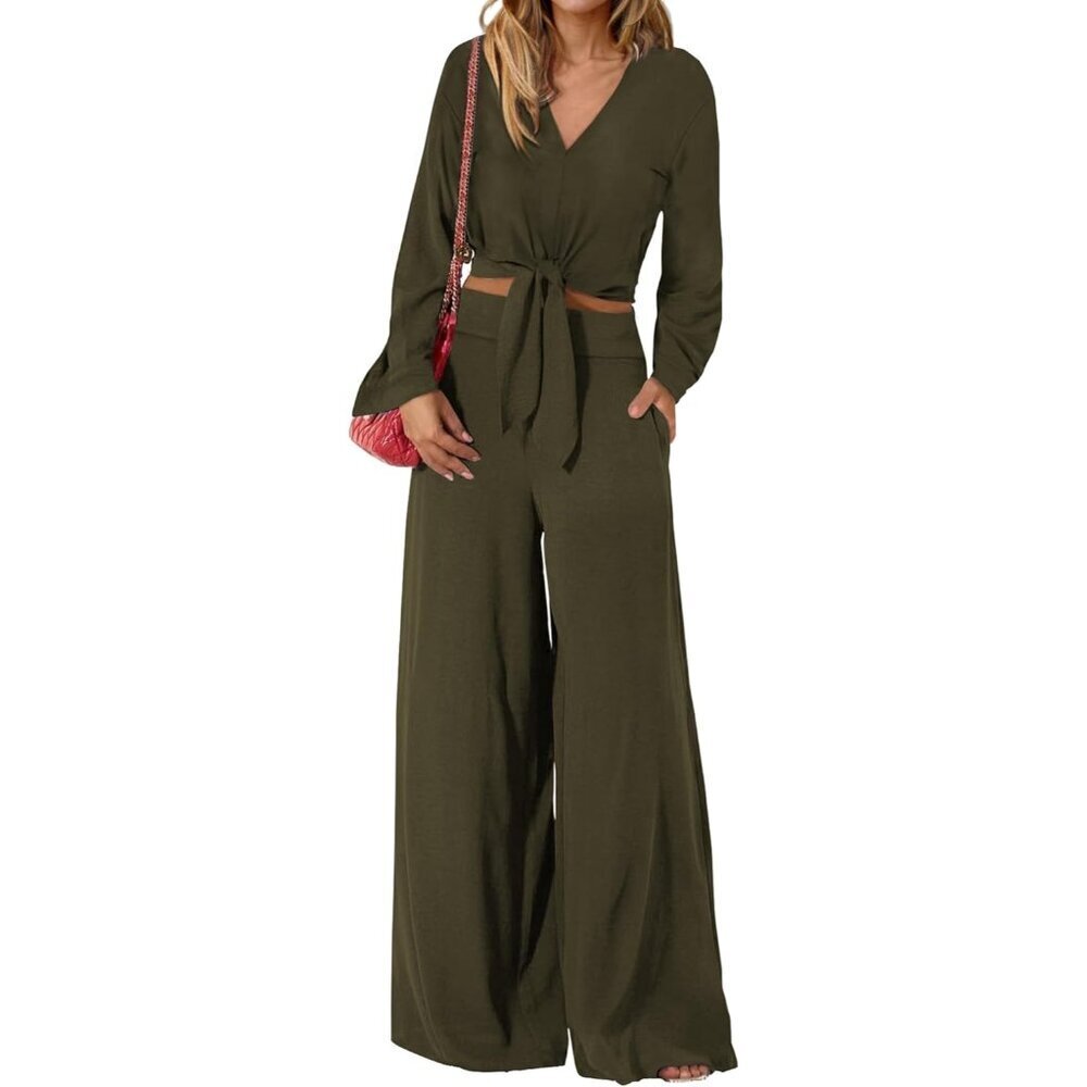 Women's 2 Piece Lounge Sets Polyester V Neck Crop Wide Leg Pants Fall